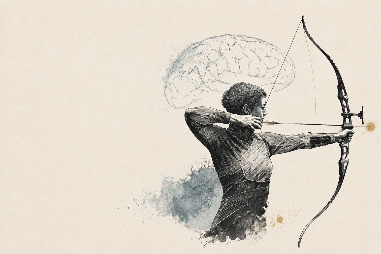 An archer preparing to shoot as cortical nodes organise in the background before action